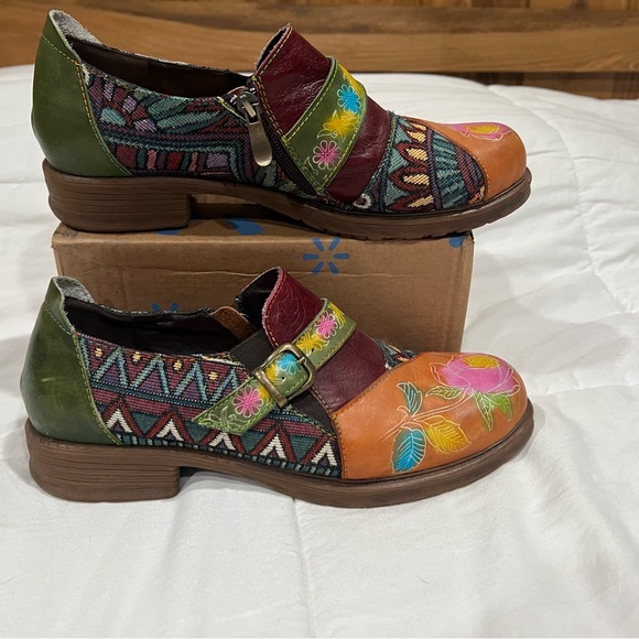 Socofy Artistic Floral Comfortable Leather Loafers - Multicolor - Picture 1 of 8